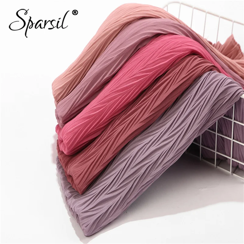 Sparsil женские плиссированные морщинки Пузырьковые шифоновые шарфы Crinkle мусульманский хиджаб Твердые тюрбан обертывание s длинный широкий шарф головные уборы 85*180 см