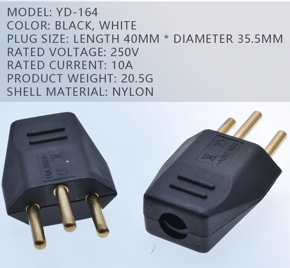 Pure Copper Power Cord Plug 250V 10A Brazil Standard Electrician Assembly Power Plug Detachable Wiring Switzerland CE Rohs Power Plug Socket