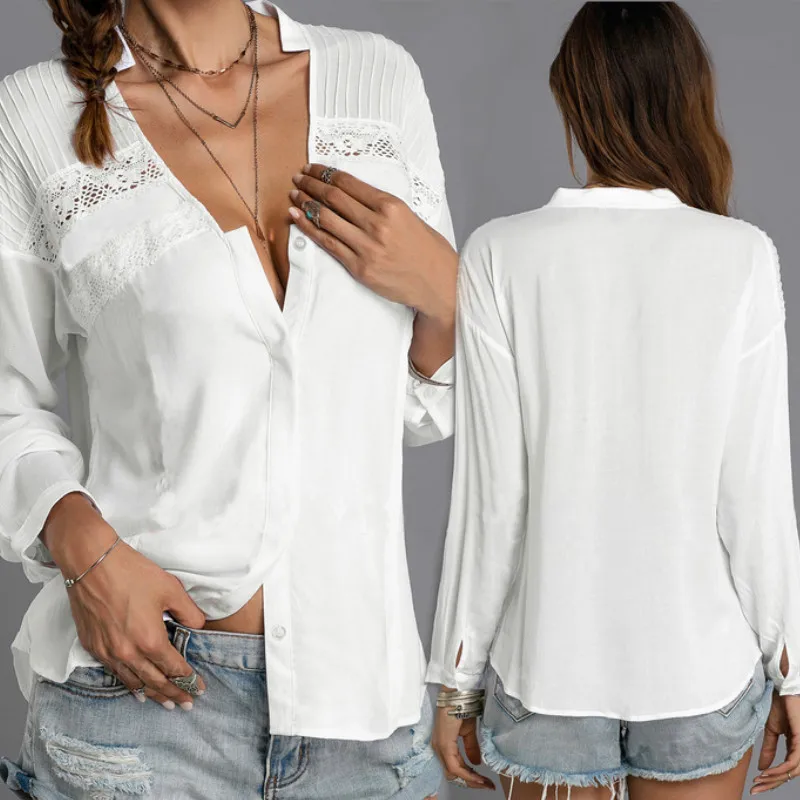 

Women Lace V Neck White Shirts Long Sleeve Solid Female Tunic Shirts Summer Autumn Womens Tops and Blouses