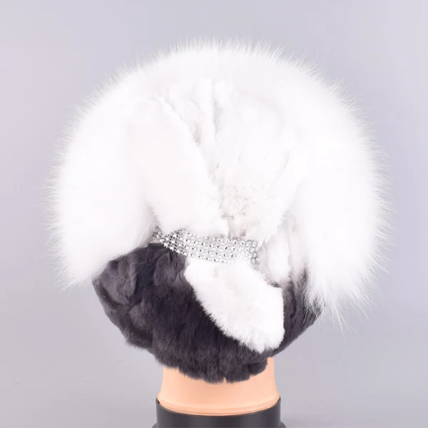 Натуральный мех кролика шапка зимние теплые шапки для женщин, вязаные толстые со стразами Модная стильная верхняя одежда для девочек-аксессуар, шляпа Белые зимние шапки - Цвет: RG-04