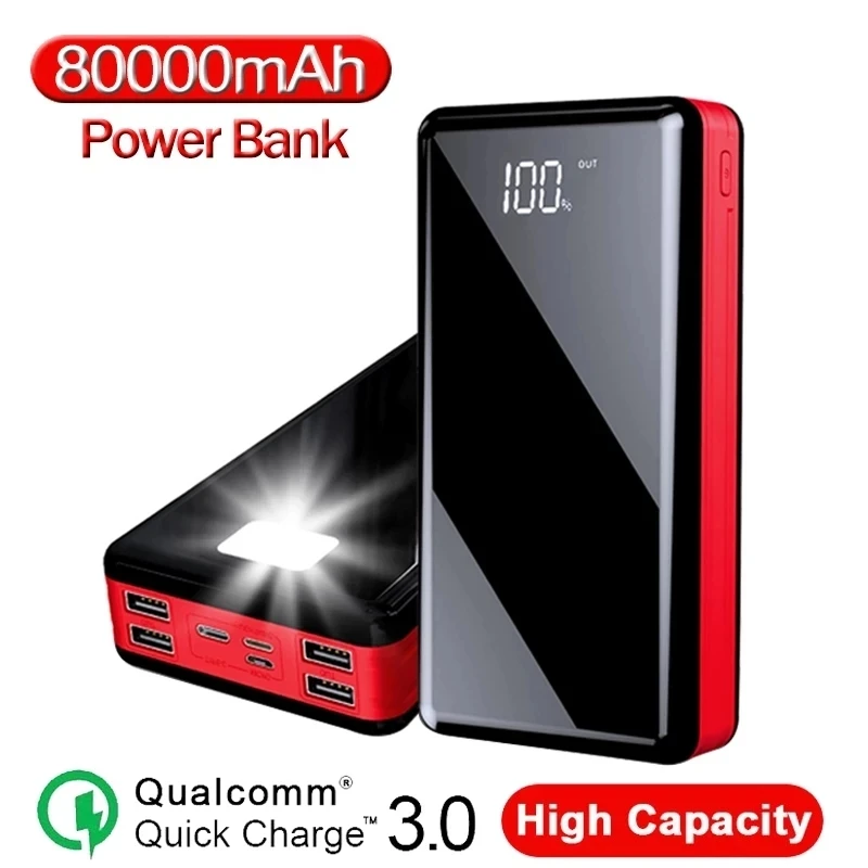 80000mAh Wireless Portable Fast Charger Solar Power Bank with LED Light Triple USB Ports Power Bank For Xiaomi Samsung Iphone13 battery pack for phone