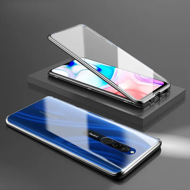Black Магнитный адсорбционный чехол для телефона Xiaomi Redmi 8A 8 магнитный металлический 360 полностью прозрачный чехол из закаленного стекла для Redmi 8A чехол - Цвет: Black