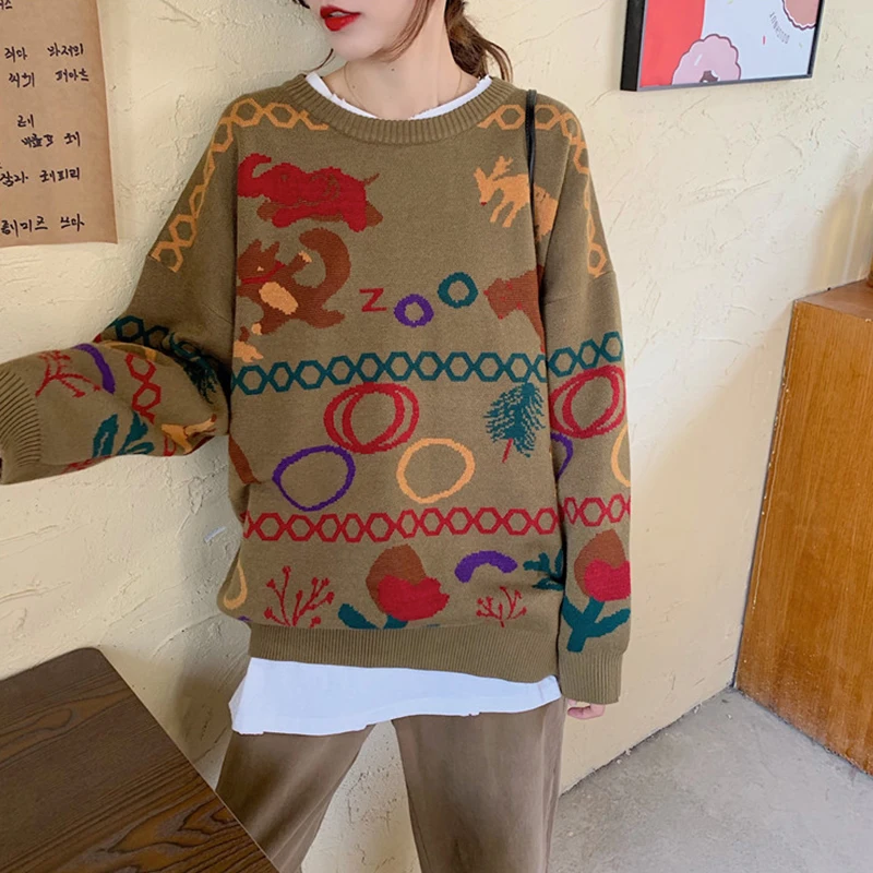

Long Women Sweater with Cartoon Deers O-neck Knitted Female Pullovers Winter Women Sweaters Tops for Woman Jumper 2019