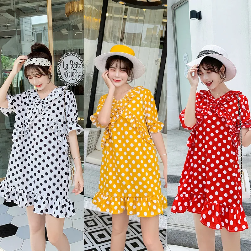 

2019 Summer Maternity Clothes Sweet Chiffon Polka Dot Flounced Pregnant Women Dress