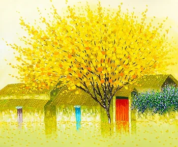 

Hand Painted Fall Texture Yellow Tree Mature Wheat Field Abstract Picture Decor Home Living Room Hotel Yellow