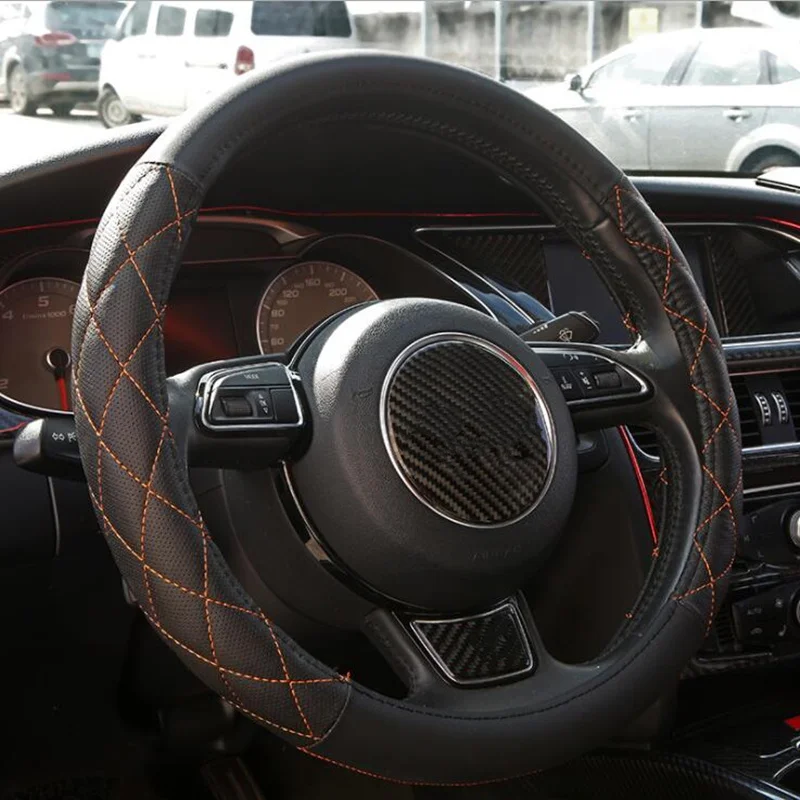 Чехол рулевого колеса автомобиля для 37-38 см кожа дышащая ткань оплетка автомобиля рулевое колесо крышка авто аксессуары для интерьера - Название цвета: Оранжевый