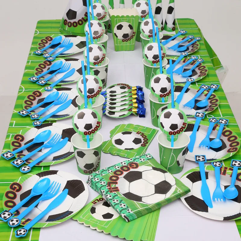 

Baby Shower Boys Party Plates Cups Decorate Table Cover Football/Soccer Theme Straws Happy Birthday Green Disposable Tableware