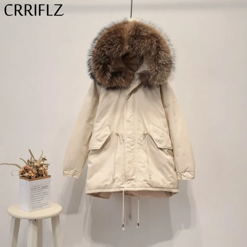 

CRRIFLZ White Duck Down Jacket Short Loose Big Fur Collar Hooded Coats Winter Jacket Women Real Fur Warm Thicken Down Parka