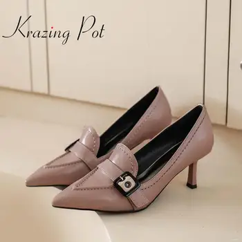 

Krazing pot 2020 new hot saling natural leather pointed toe high thin heels deep mouth metal fasteners slip on summer pumps L81