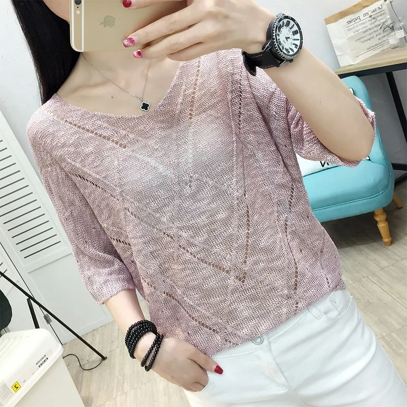 2021 Real Knitted Sweater Hollow Jacket Women's Thin Style New Summer Bat Sleeve Blouse Korean Version of Loose Mesh Tunnels | Женская