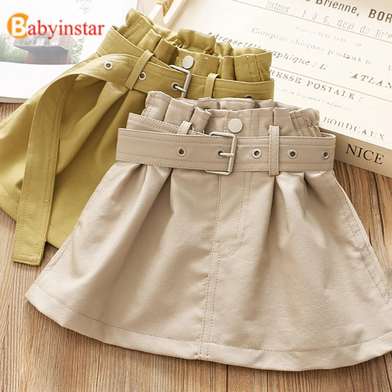 Babyinstar/Новое поступление; кожаные юбки для девочек; детская одежда; школьная юбка; детская одежда; плотные юбки с ремнем для девочек