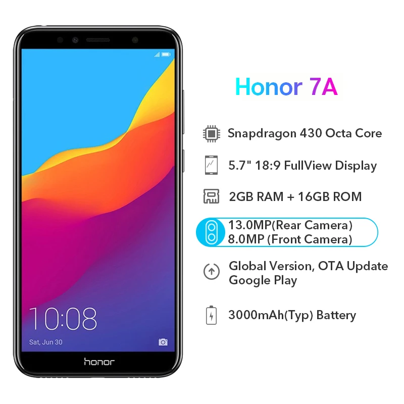 Honor 7A Global Version Smartphone Google Play 2GB 16GB Snapdragon 430 Octa Core 5.7 inch Front 8.0