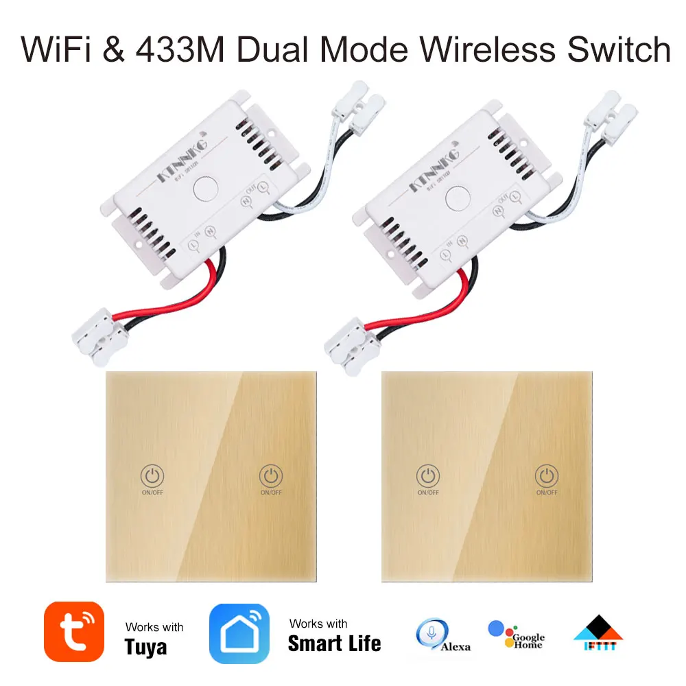 

2+2PCS 1 channel crystal glass panel Tuya APP / Wifi touch switch, 220V smart home RF433 remote control light switch