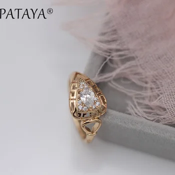 

PATAYA New Women Rings Water Drop Natural Zircon Hollow Rings 585 Rose Gold Wedding Fashion Jewelry Party Fine Cute Love Gifts