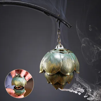 

Creative Lotus Shape Hanging Ball Backflow Incense Burner Ceramic Coil Aromatherapy Furnace Hollow Incense Holder Home Decor