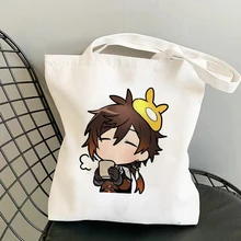 Shopper Genshin Impact Zhongli Morax Anime Canvas Shopping Bag Large Capacity Collapsible Women Harajuku Shoulder Bag Handbag