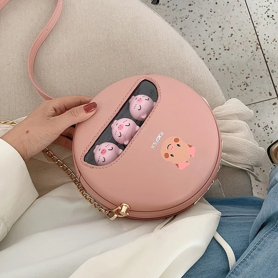 

Cute Print Leather Women Shoulder Bags Clear Yellow Duck Girls Small Round Bags Ladies Chains Crossbody Bags Casual Bag Purses