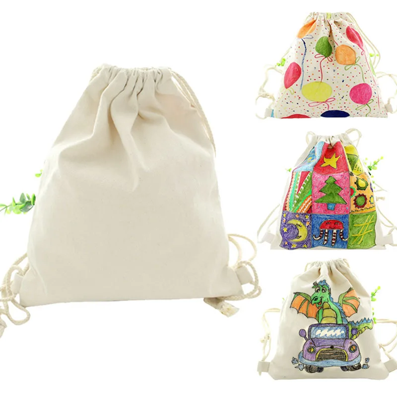 

2 Pcs/set Creative Blank DIY Hand Painting Drawstring Bags Backpack Canvas Travel Storage Bag Graffiti Painting Bag Craft Toys