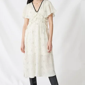 

2020 Spring and Summer NewWOMEN'S V-neck Flounced Butterfly Sleeve stand print mid-calf chiffon dress