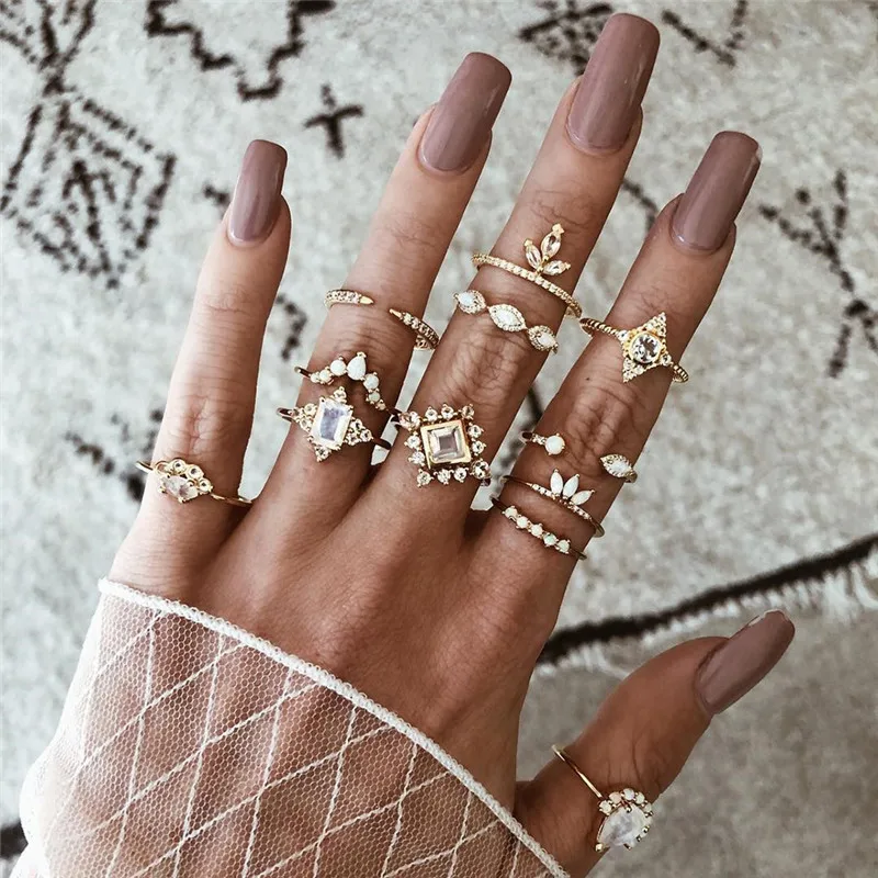 VAGZEB Vintage Crystal Flower Rings For Women Fashion Retro Geometric Gold Color Knuckle Ring Set Statement Jewelry Gifts - Цвет основного камня: 15884