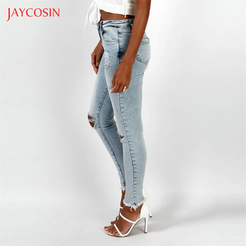 Jaycosin, женские джинсы с высокой талией, модные, вымытые, на старой пуговице, с карманом на молнии, джинсовые джинсы, женские узкие брюки, выбеленные джинсы с дырками