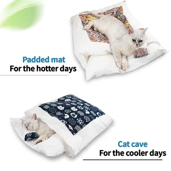 Japanese Cat Bed Warm Cat Sleeping Bag Deep Sleep Cave Winter Removable Pet House Bed for Cats Dogs Nest Cushion with Pillow 2
