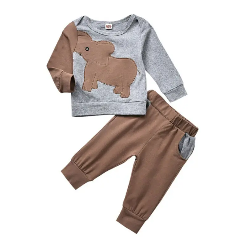 Г. Весенне-осенняя одежда для малышей хлопковая одежда для маленьких мальчиков и девочек Футболка с рукавами со слоном комплект из топа и штанов, спортивный костюм