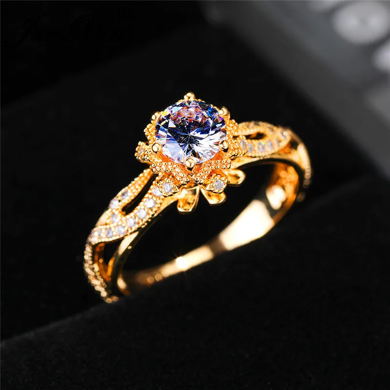 Yellow Gold Color Классические Свадебные обручальные кольца с кристаллами для женщин, серебро, розовое золото, белый циркон, камень, цветок, обручальные кольца, Винтажные Ювелирные Изделия - Цвет основного камня: Yellow Gold Color