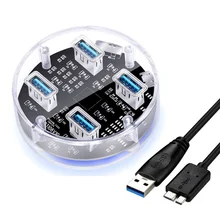 USB 3,0 прозрачный Настольный концентратор, 4 порта USB3.0 интерфейс, скорость 5 Гбит/с, с двухпортовым питанием, для ноутбука