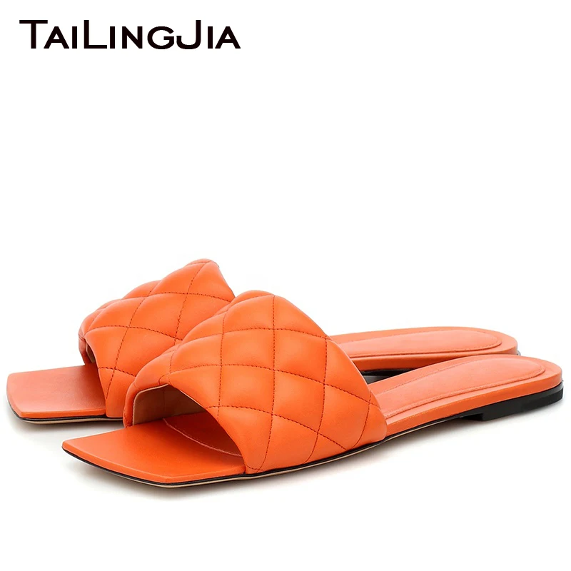 

Large Size Slides Women Flat Sandals 2020 Square toe Flats Shoes Ladies PU Leather Stylish Slippers Mule Sandal Summer Shoe