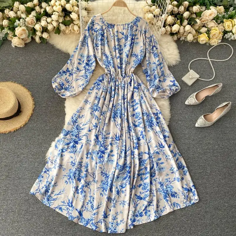 Lady New Fashion Print Autumn Dress Draw Rope Thin Long Sleeve Women V Neck Elegant Vintage Vestidos Mujer J25