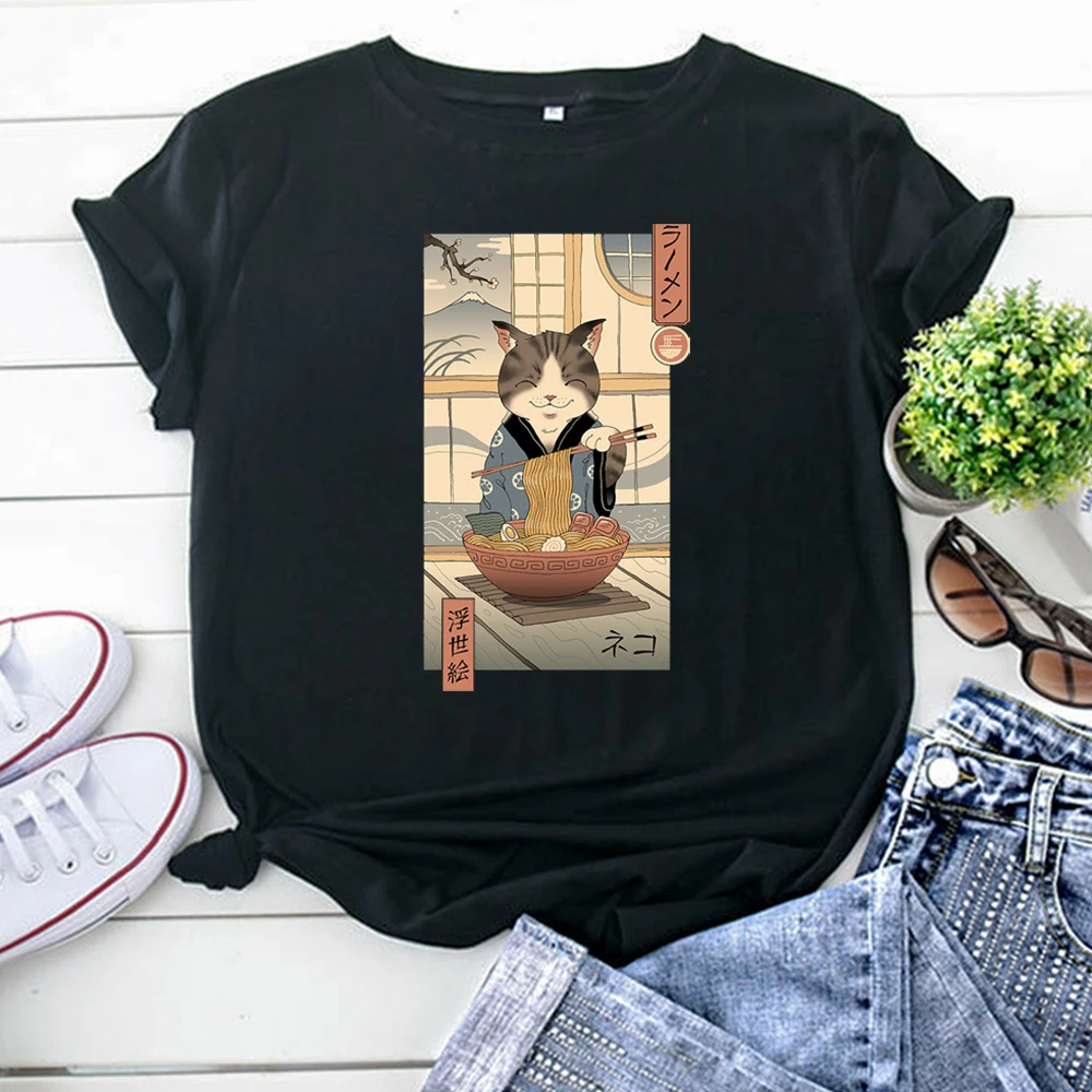 Kitten Eating Ramen Ukiyoe T-Shirt Personality Printing T Shirt Woman Funny Kawaii Womens Tshirtoversize Fashion Women Clothes