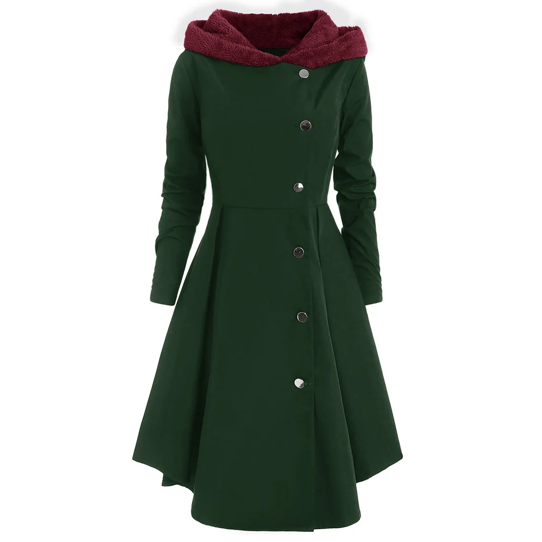 Green Wine Red Однотонное повседневное длинное плотное Женское пальто с капюшоном, повседневное мягкое тонкое пальто с высокой талией, теплое винтажное пальто на пуговицах - Цвет: Green Wine Red
