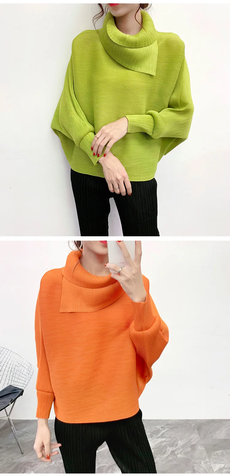 New Winter Plus Size Women Tshirt Solid Turn-down Collar Long Sleeves Bottoming Miyake Pleats Casual Loose Ladies Hoodies