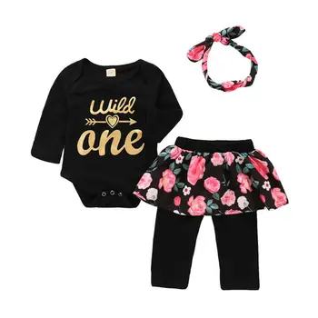 

Spring Long Sleeve Black T-shirt Pant Floral Skirt Outfit 1st Birthday Party Clothing Toddler Infant Baby Girls Clothes Set