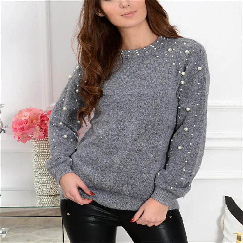 Fashion Women Long Sleeve Solid Pearl Knitted Oversized Loose Sweater Jumper Ladies Autumn Winter Pullover Tops | Женская одежда