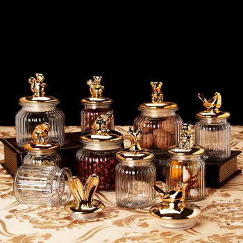 

Europe Glass Jars Sealed Cans with Cover Kitchen Food Storage Bottles Creative Spice Jars Candy Storage bank Tea Box Storage Can