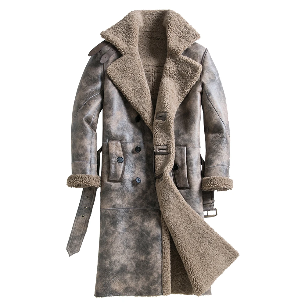 

2019 New Thicken Long Sheepskin Shearling Fur Men Fashion Formal Suit Collar Genuine Leather Outwear Winter Warm Real Fur Coat