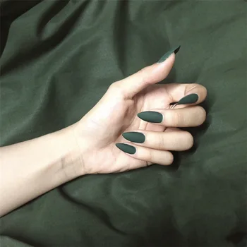 

24Pcs Full Cover press on Pointed Head Scrub Fresh Temperament Deep Green matt fake nails Wearable fake nails with glue for gils