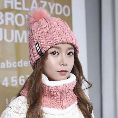 Теплая зимняя вязаная шапка skullies beanies, женская брендовая Высококачественная зимняя женская Лыжная шерстяная меховая шапка с помпонами, вязаный шарф - Цвет: Розовый