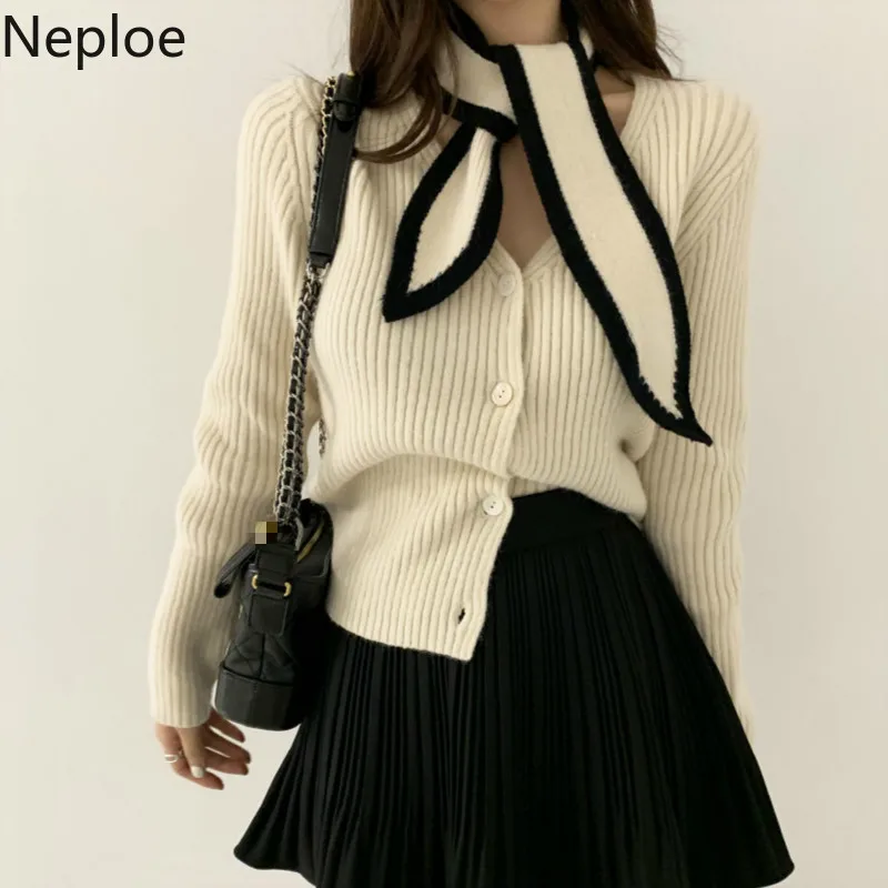 Neploe, шикарный, Ретро стиль, шнуровка, бант, дизайн, вязаный кардиган, свитер для женщин, v-образный вырез, длинный рукав, Одноцветный, грудь, тянет, Femme, Coat47771