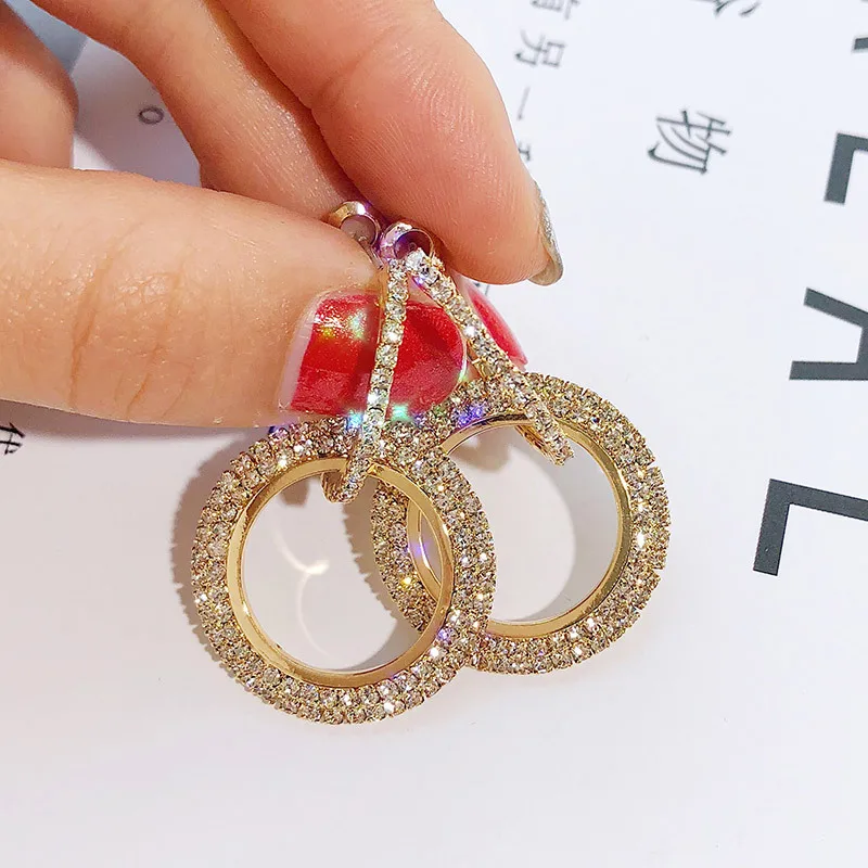 

2019 Exaggerated Round Crystal Ring Pendant Earrings Hanging Double Rhinestone Ring Large Earrings for Women Party Jewelry