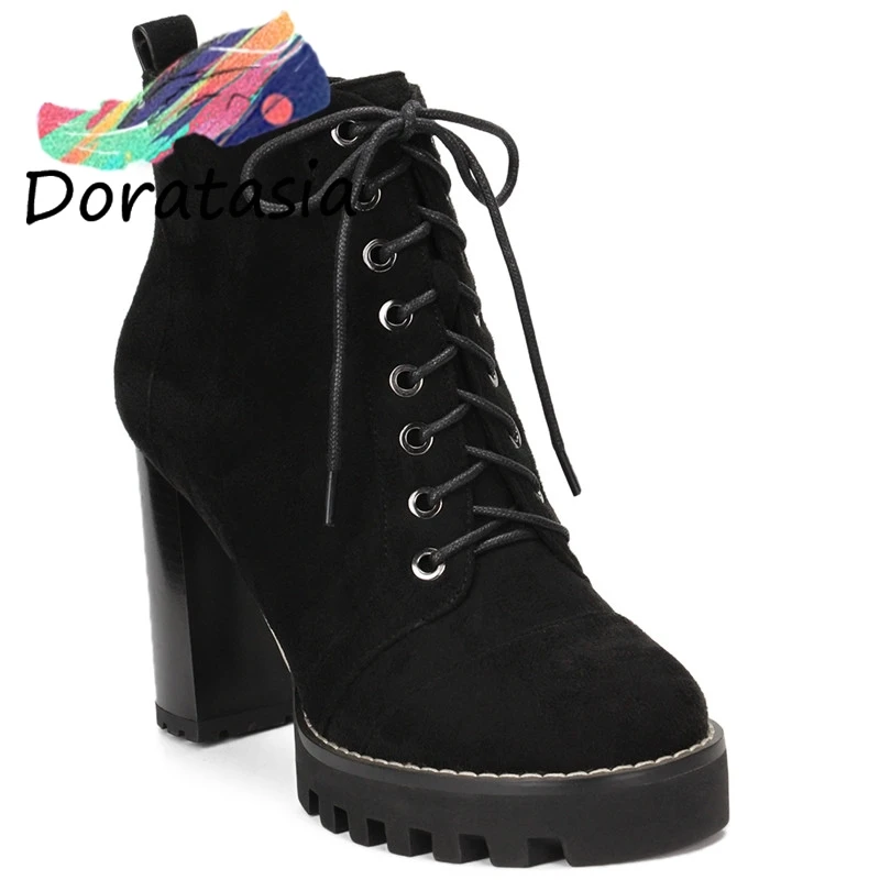 

New Large Size 35-41 Chunky High Heels Ankle Boots Woman Shoes Lace Up Platform Hot Sale Shoes Woman Boots Female