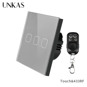 

UNKAS 3 Gang 1 Way Crystal Glass Panel Wall Light EU Touch Gray Wireless AC 250V Remote Control Switch