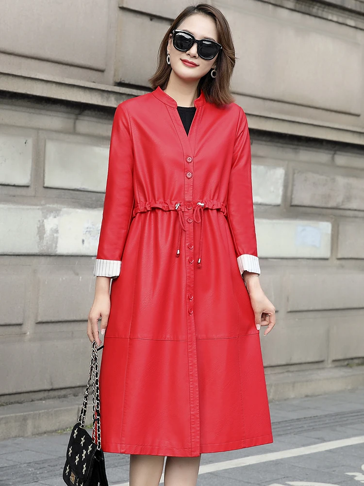 Jaqueta Couro Full Leather Jacket Women Promotion Jaqueta De Couro Sale Autumn New Long Section Of Pu Waist Collar Woman