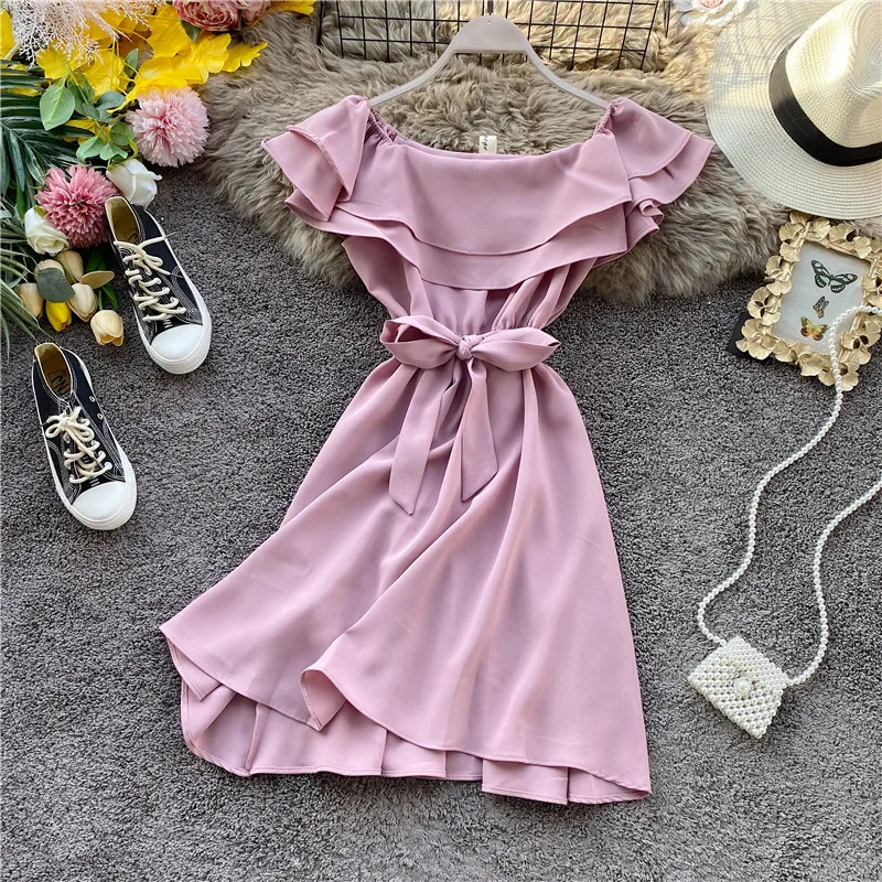 SINGRAIN Summer Women Off Shoulder Dress Bohemian Romantic Ruffle Sundress Party Holiday A-Line Retro Solid Chiffon Beach Dress