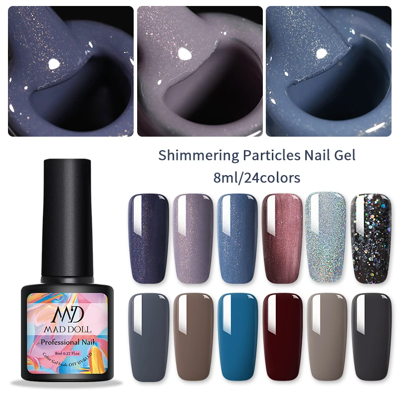 

MAD DOLL 1 Bottle 8ml Colorful Nail Gel Polish Shimmering Particles Bling Sequins Long Lasting Soak Off Nail DIY Design Gel