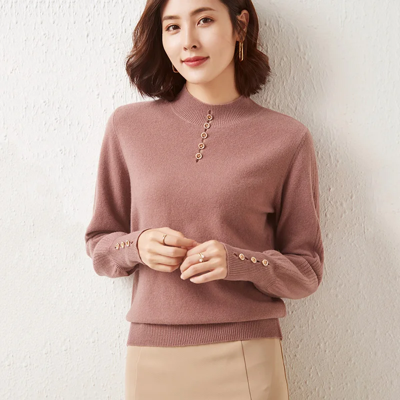

2021 Autumn New Pure Wool Half High Neck Puff Sleeve Button Knitting Pullover Casual Cashmere Sweater Commuter Simple Fashion