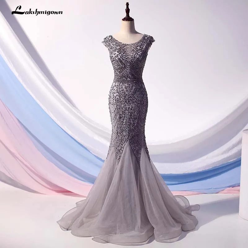 Роскошное серое вечернее платье Lakshmigown с кристаллами длинное Русалка рукавом