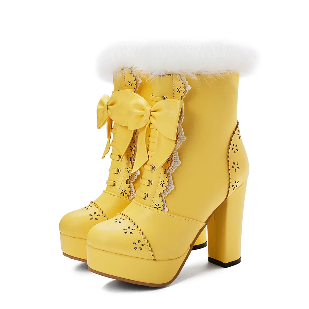 Yellow Thick Lining Г. Новые Брендовые женские ботильоны на платформе с милым мехом черного и фиолетового цвета школьная женская обувь на высоком каблуке Большие размеры 10, 43, 45, 48, LA259 - Цвет: Yellow Thick Lining
